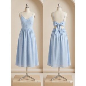 HM 100% Cotton Dress Sz 4 Light Blue Polka Dot Button Front Midi Dress Tie Back